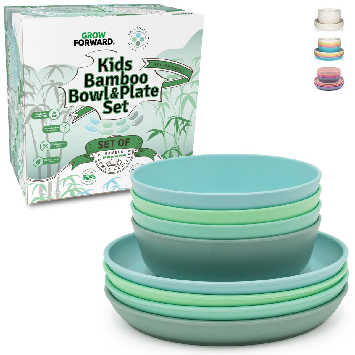 Grow Forward bamboo kids plates 8-piece set for easy self-feeding
