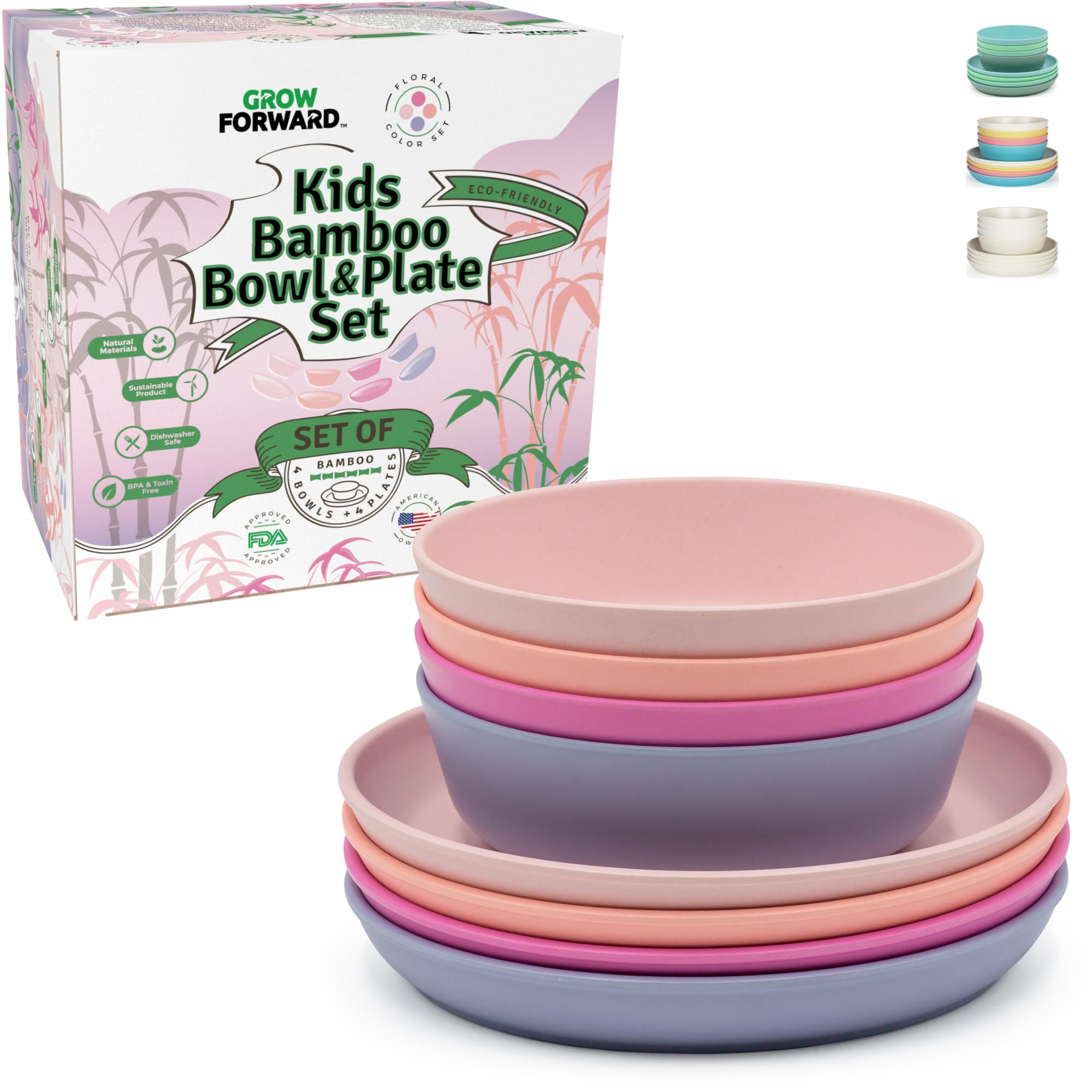 Grow Forward bamboo kids plates set 8-piece on table for tidy meals