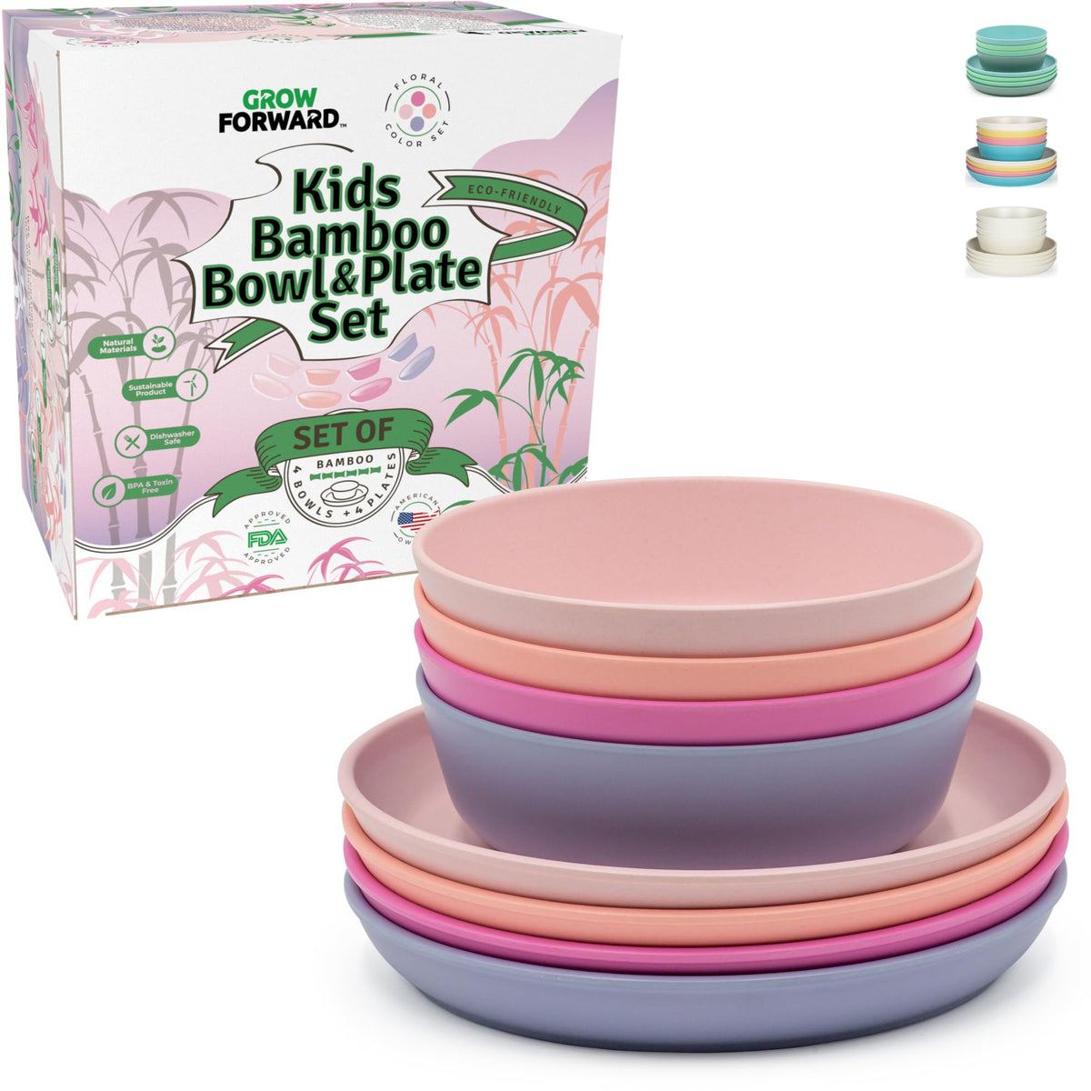 Grow Forward bamboo kids plates set 8-piece on table for tidy meals