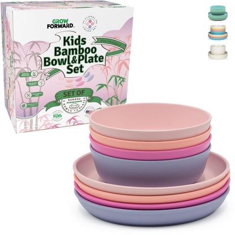 Grow Forward bamboo kids plates set 8-piece on table for tidy meals