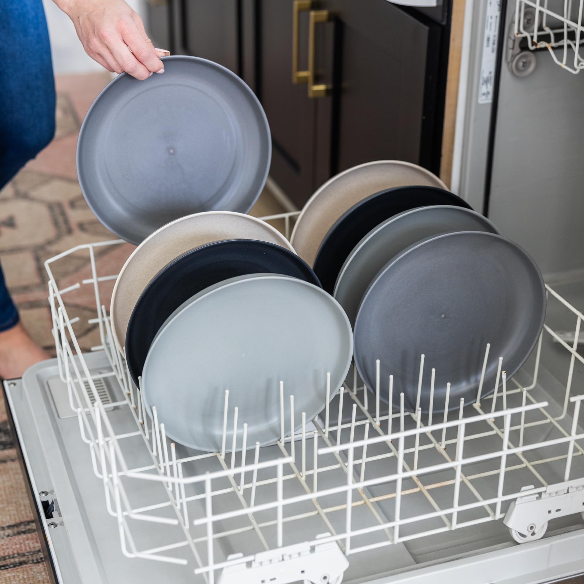 Grow Forward space-saving plates stack neatly in compact kitchen cupboards.