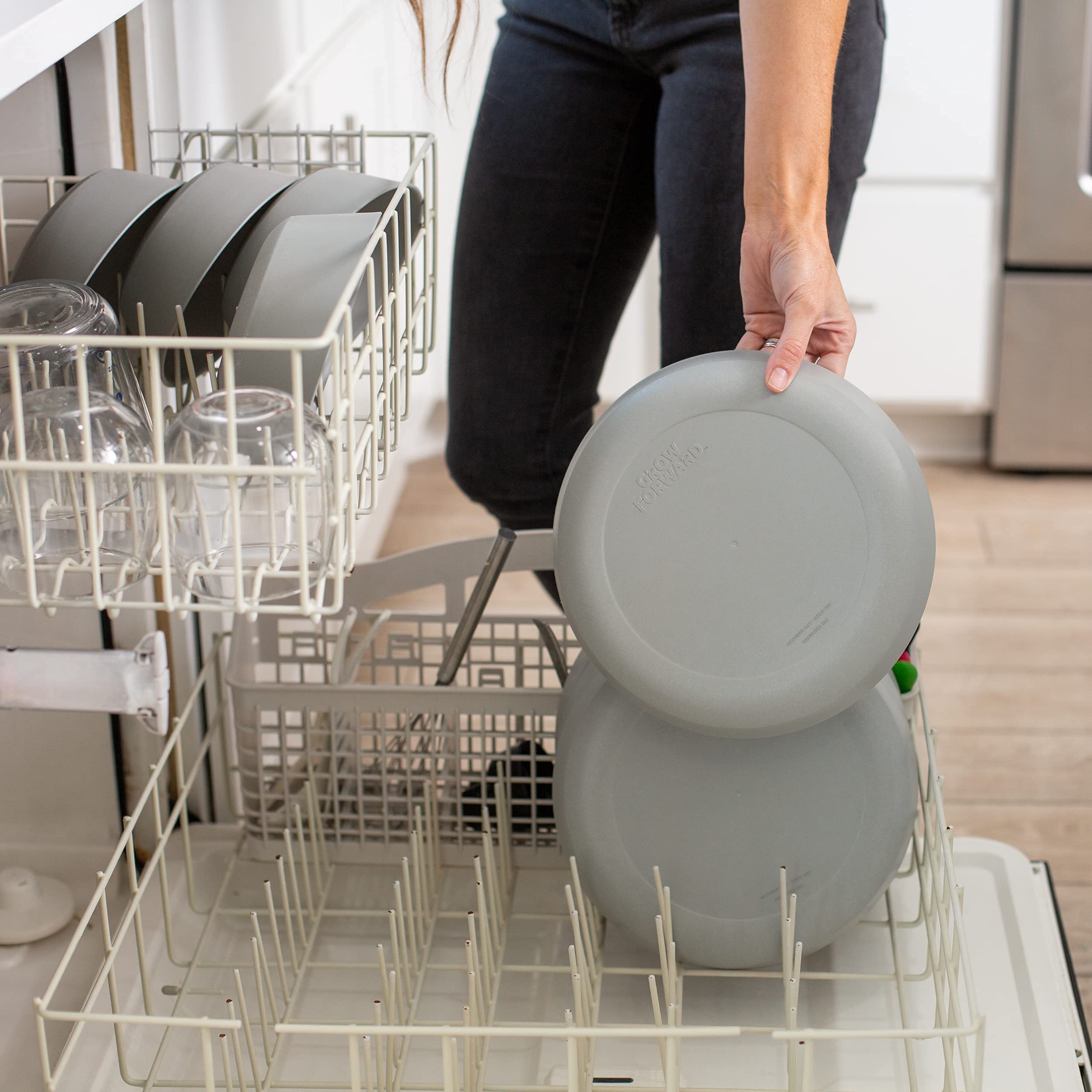 Grow Forward Feather set stacked compactly to save space in cabinets.