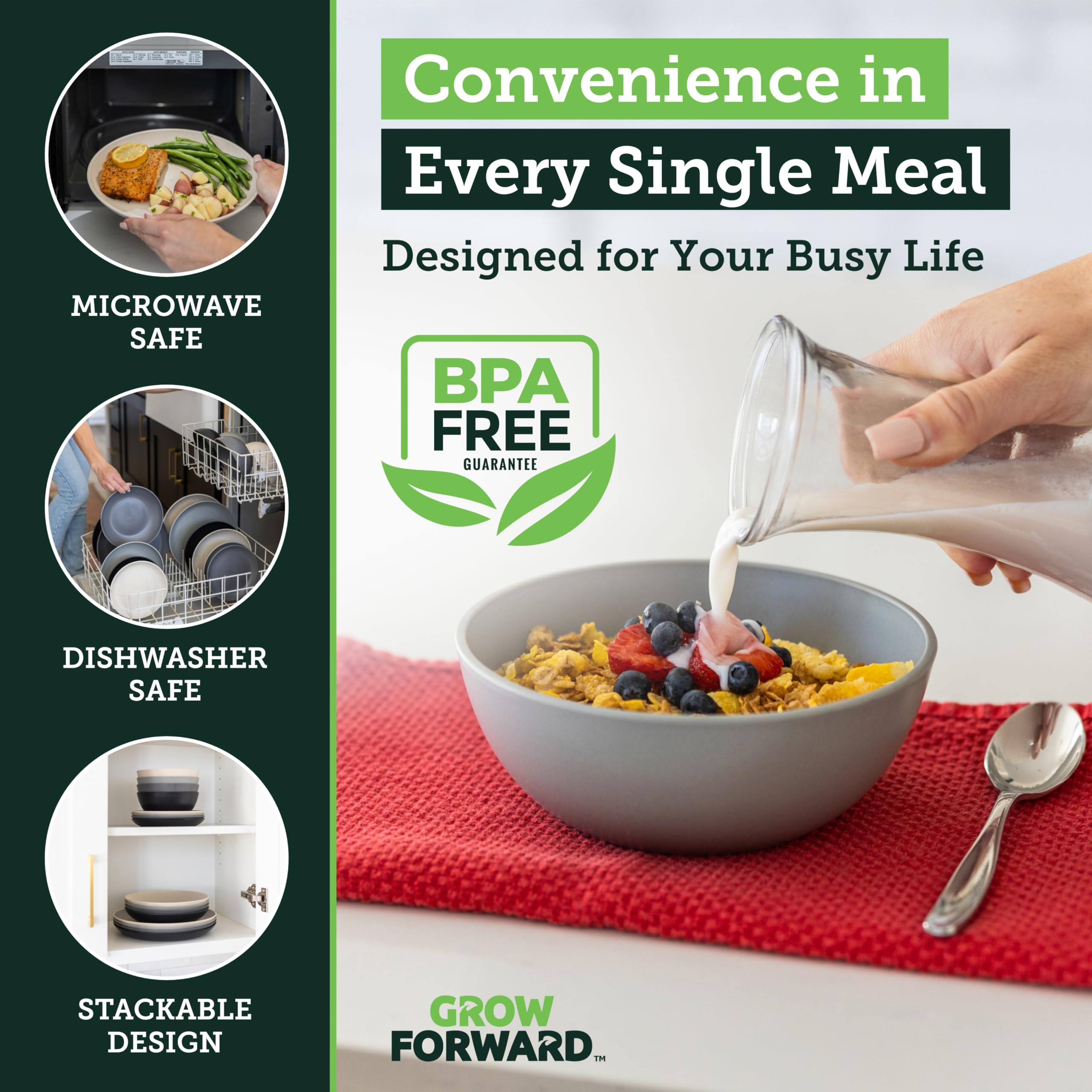 Grow Forward Moonlight stackable dishware ready for easy cleanup