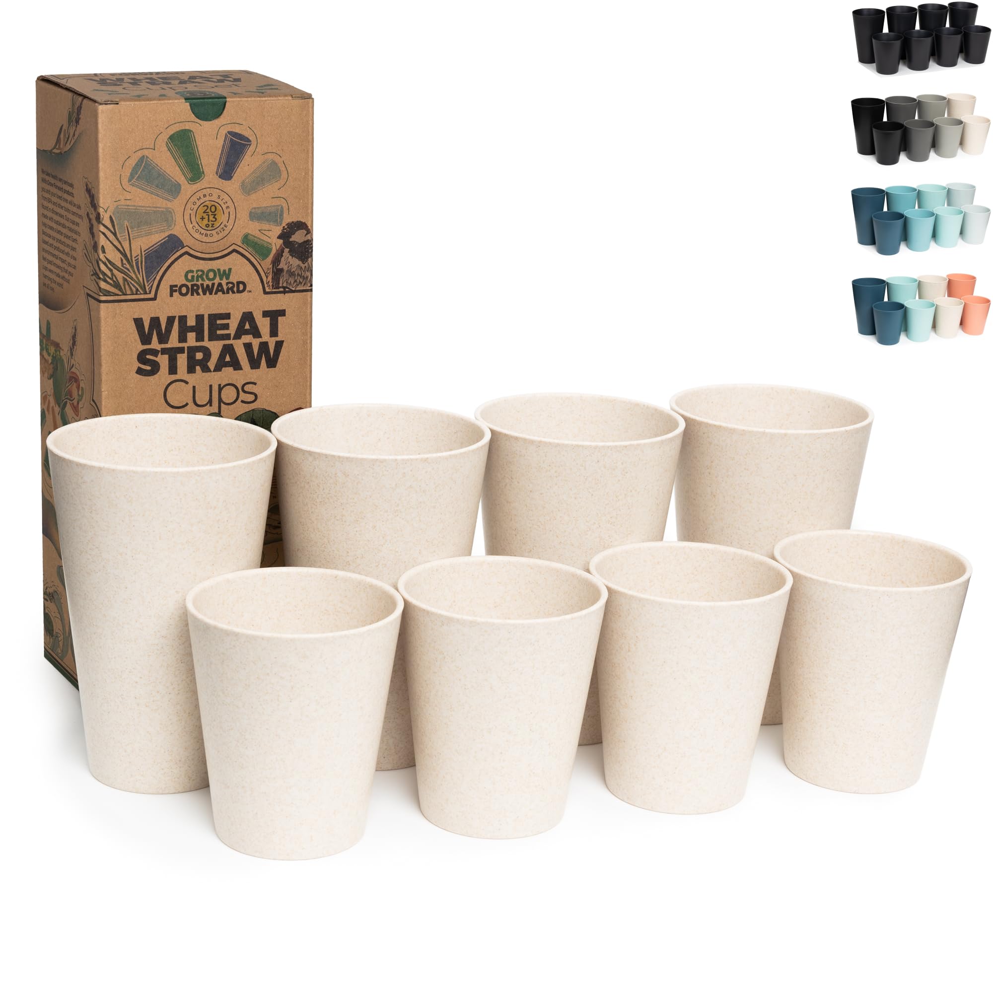Grow Forward 13oz wheat straw cup, stackable for easy storage.