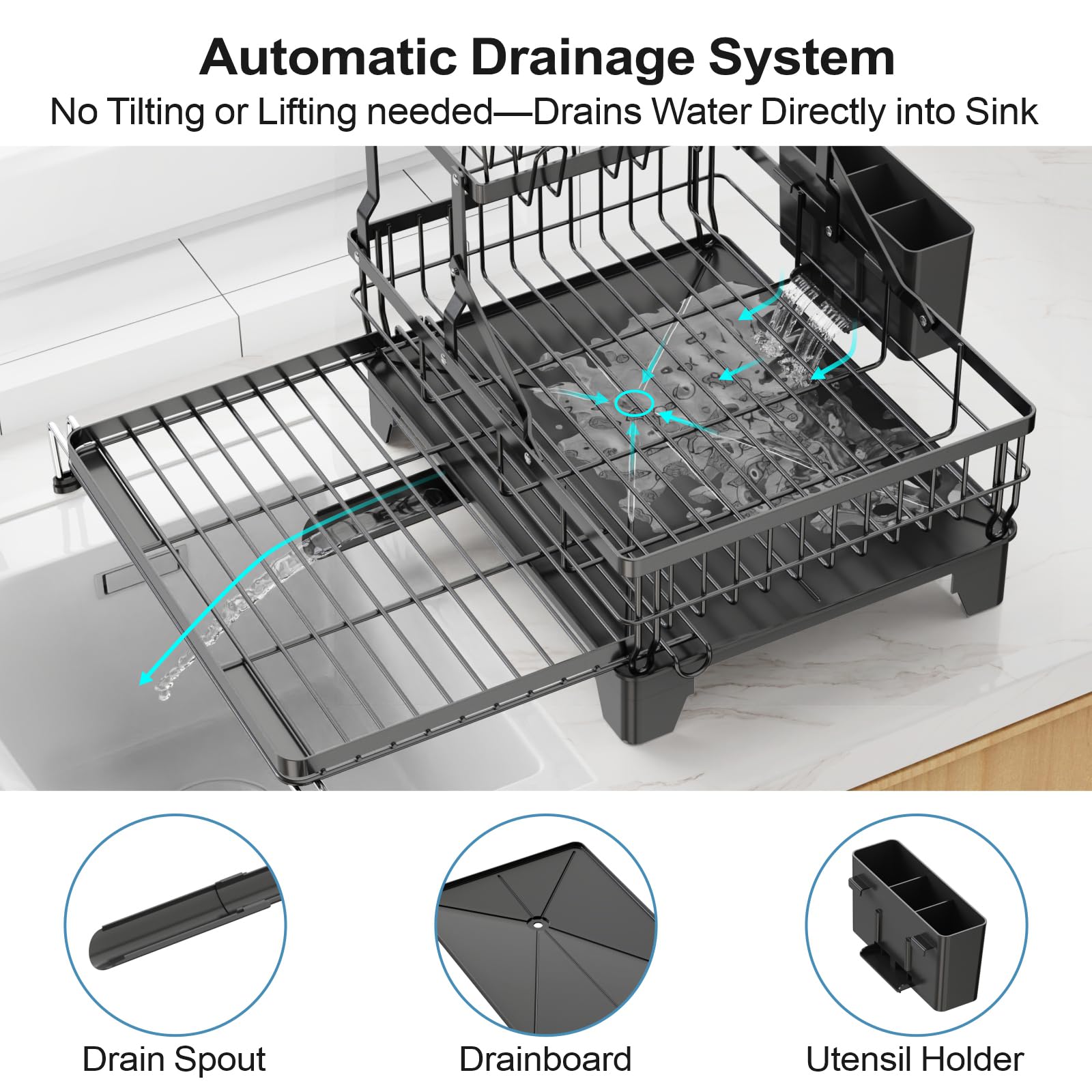 GSlife utensil holder drains into the rack to keep counters dry