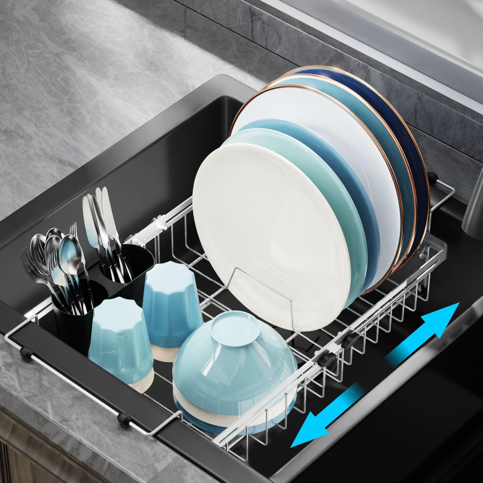 GSlife expandable in-sink dish drainer extends length to maximize space.