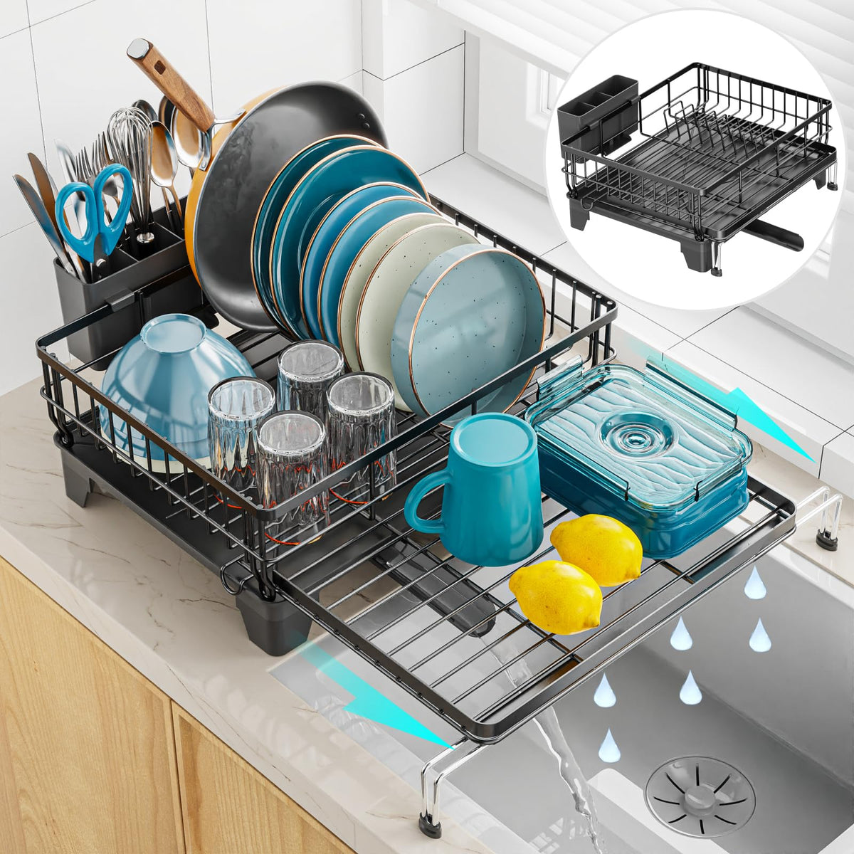 GSlife extendable rack extended, extra space for plates after meals.