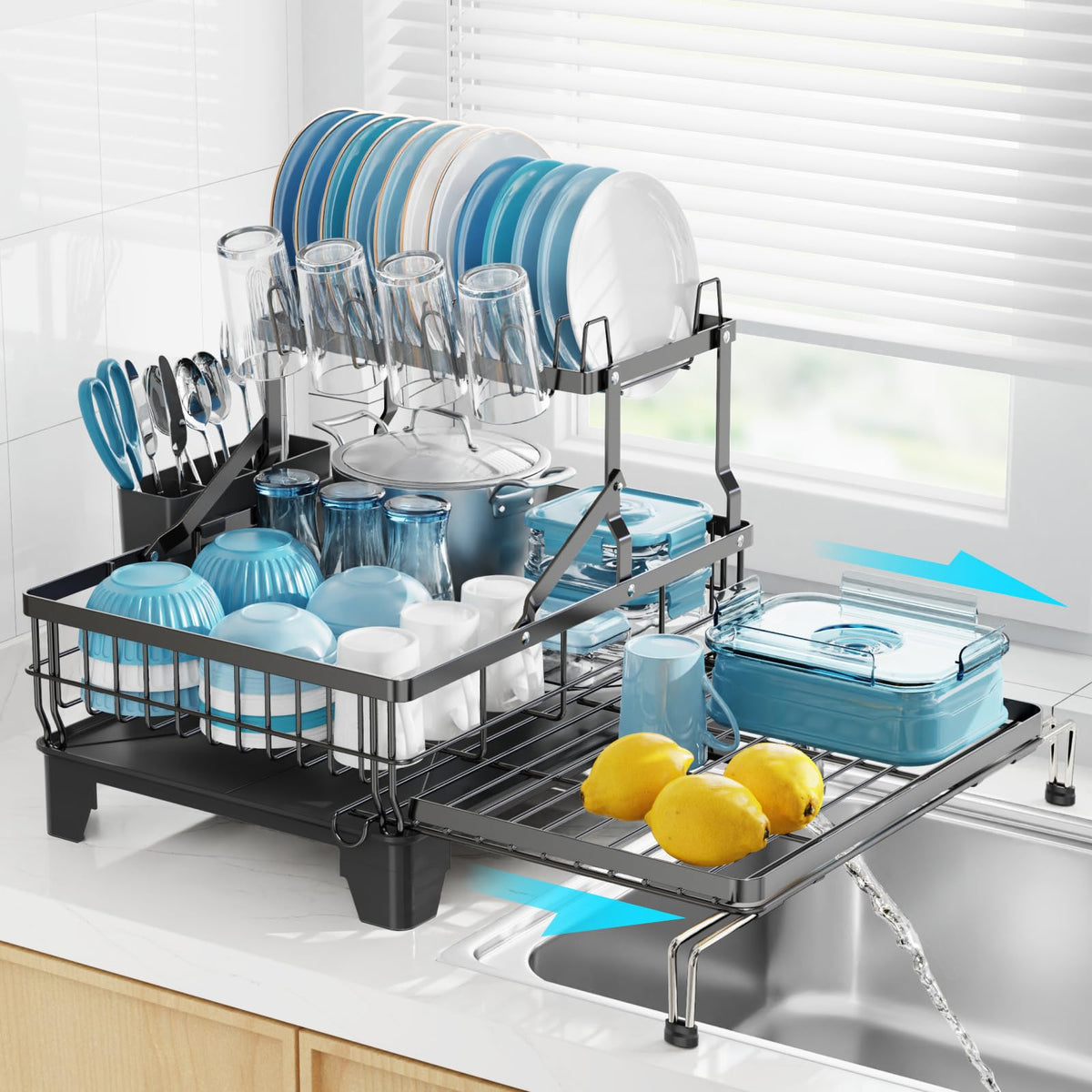 GSlife large dish drying rack extendable over sink for extra drying space
