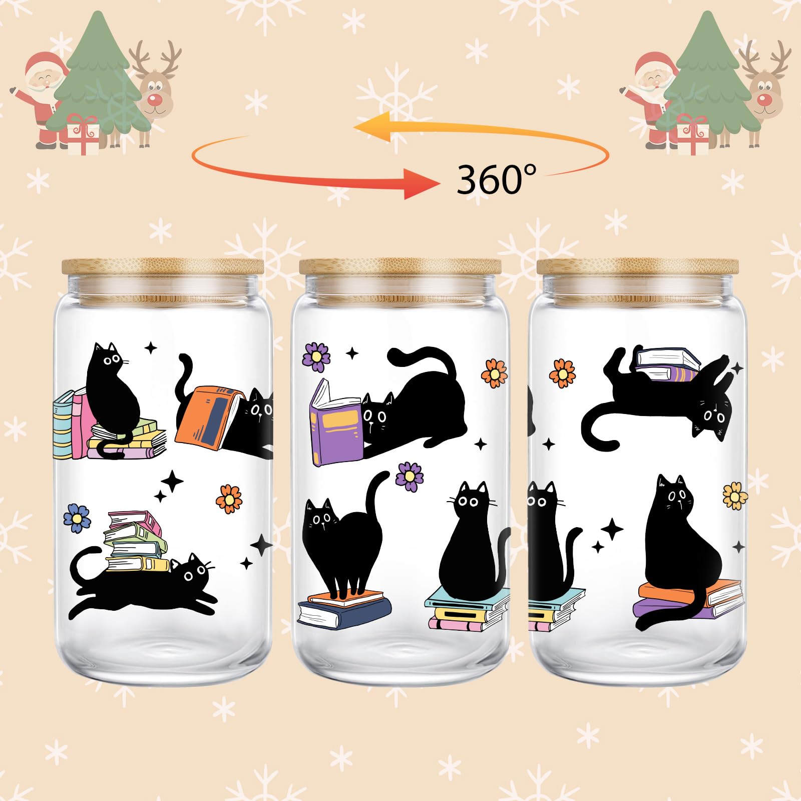 GSPY Cat-reading print glass cup side view highlights playful charm for book lovers.