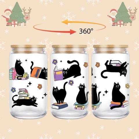 GSPY Cat-reading print glass cup side view highlights playful charm for book lovers.