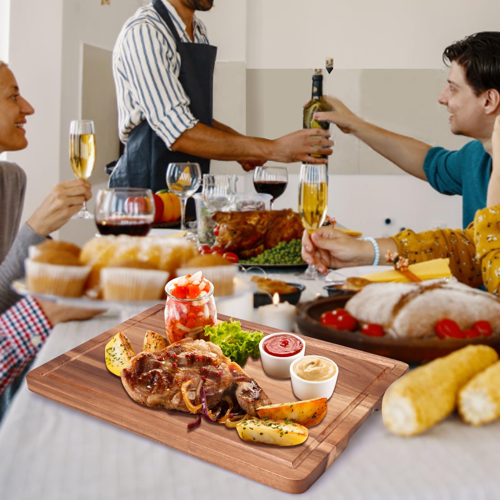 Gtencemen Acacia cutting board serves as charcuterie or serving tray.
