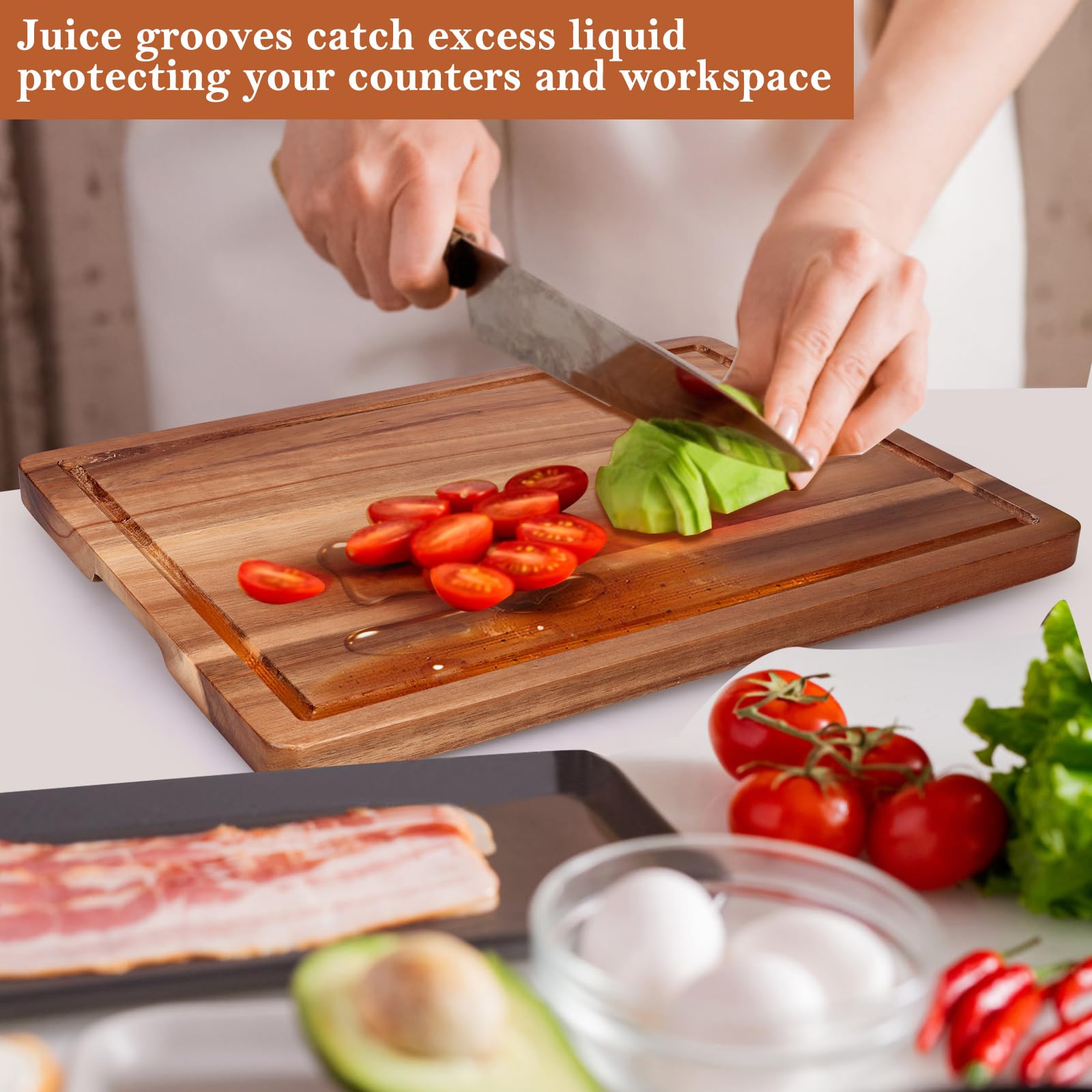 Gtencemen Acacia cutting board knife-friendly surface resists gouges.