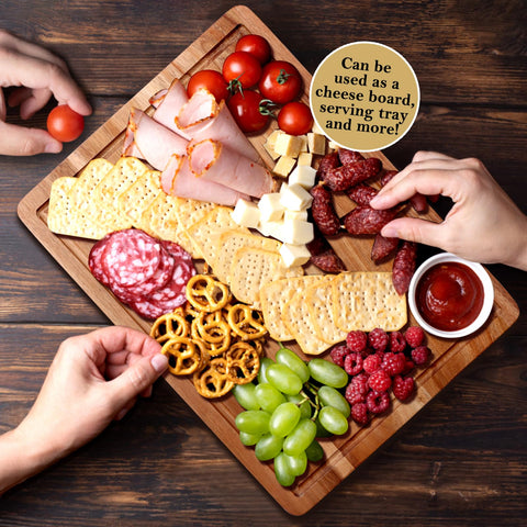 Gtencemen Acacia cutting board with reversible flat side for bread and cheese.