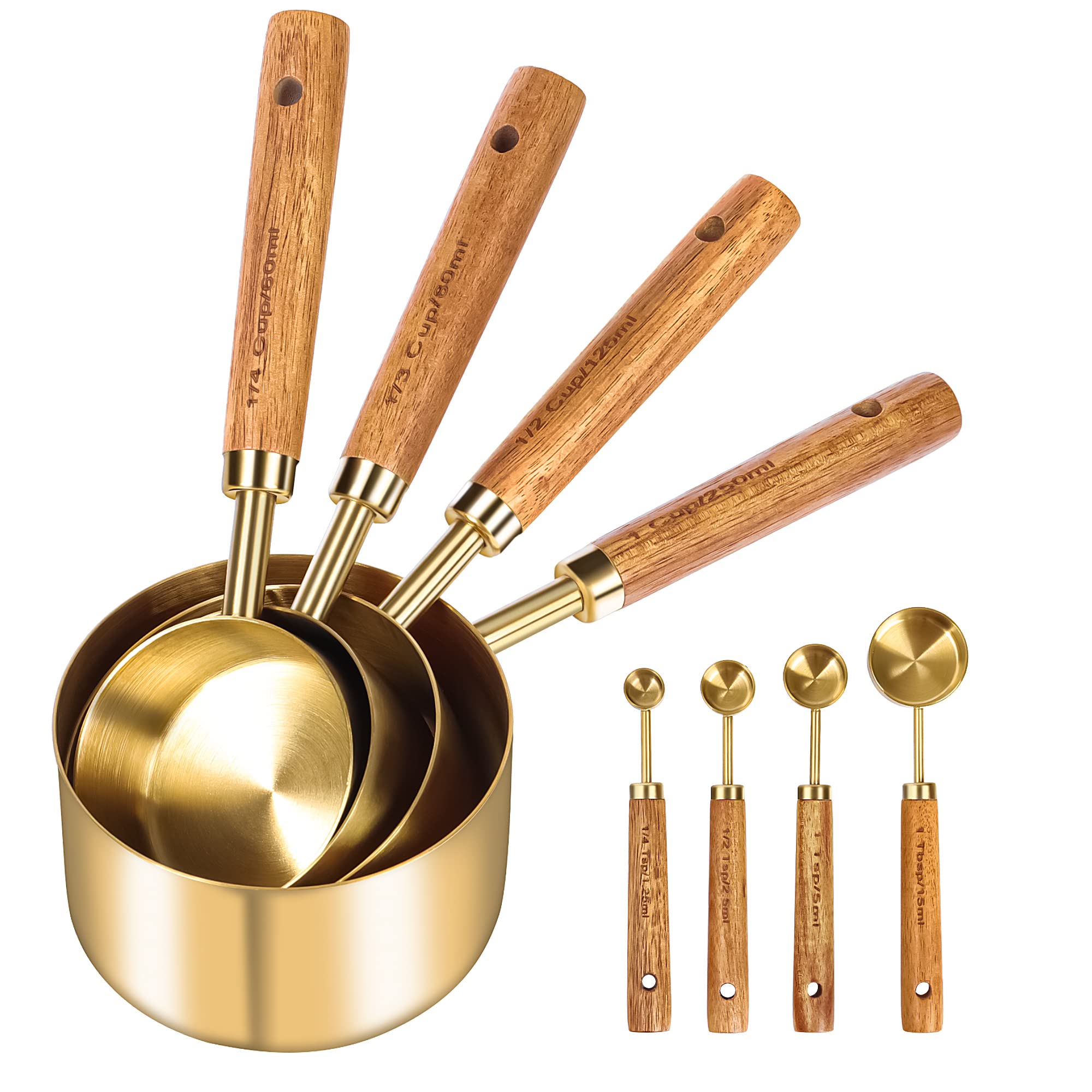GuDoQi gold measuring cups with a wooden handle offer precise, comfortable grips.