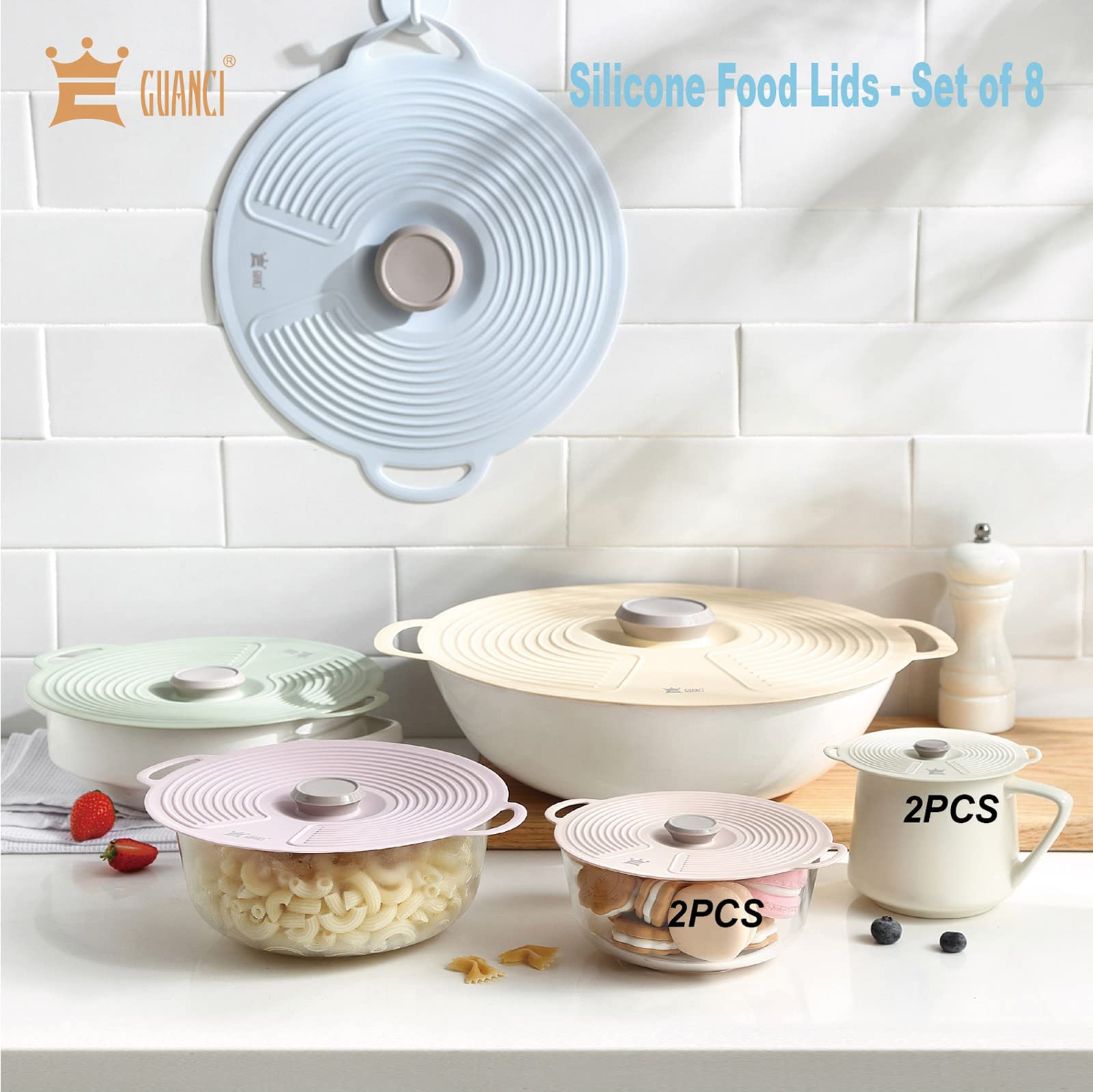 GUANCI lids with easy-grip handles simplify safe lifting from pots and plates.