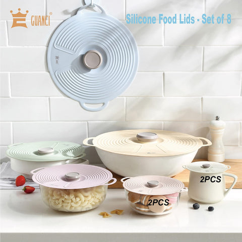GUANCI lids with easy-grip handles simplify safe lifting from pots and plates.