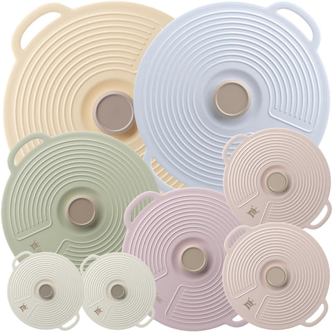 GUANCI silicone lids six sizes on a kitchen counter showing versatile fit for bowls.