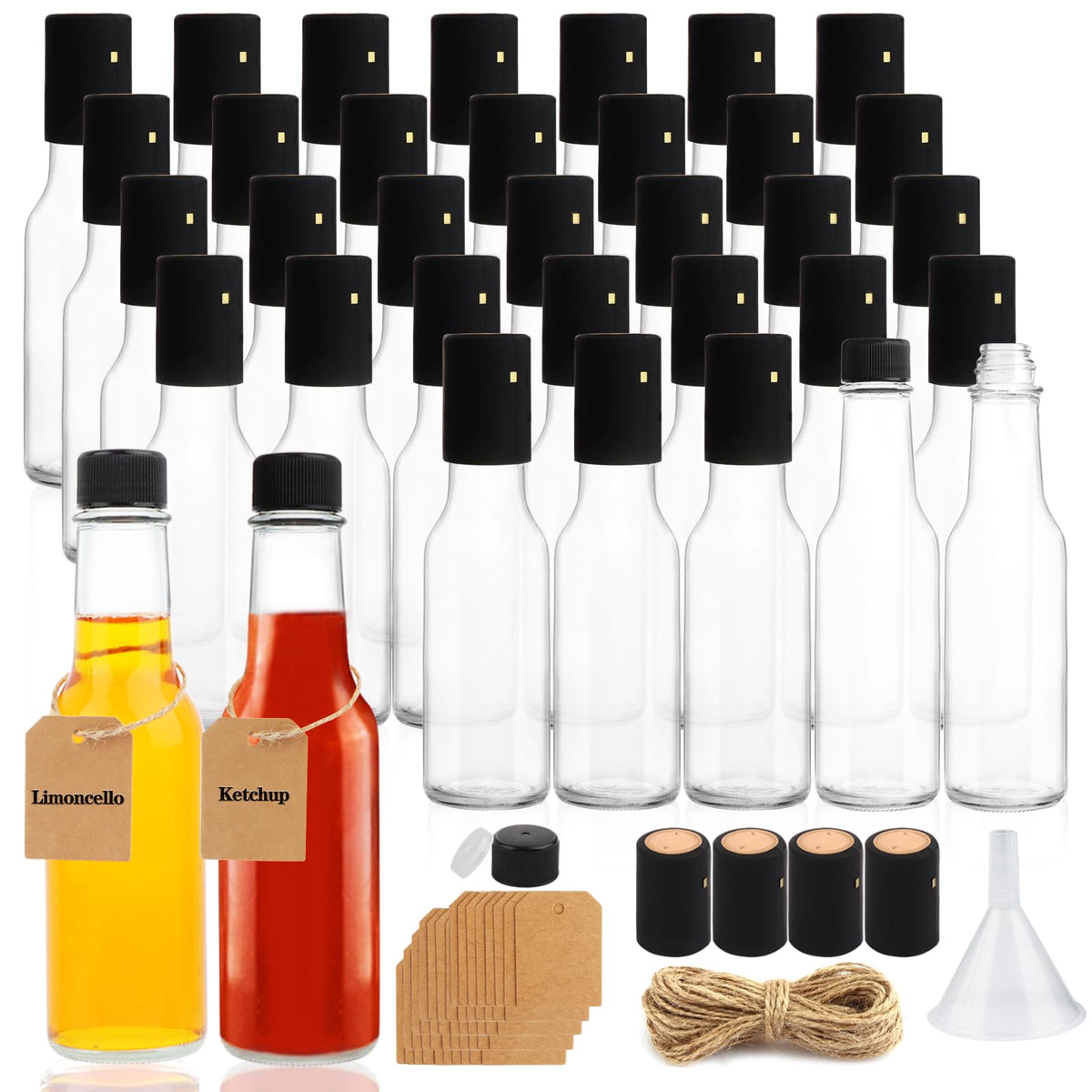 GUANENA 35-pack clear bottles with black caps for easy sauce storage.