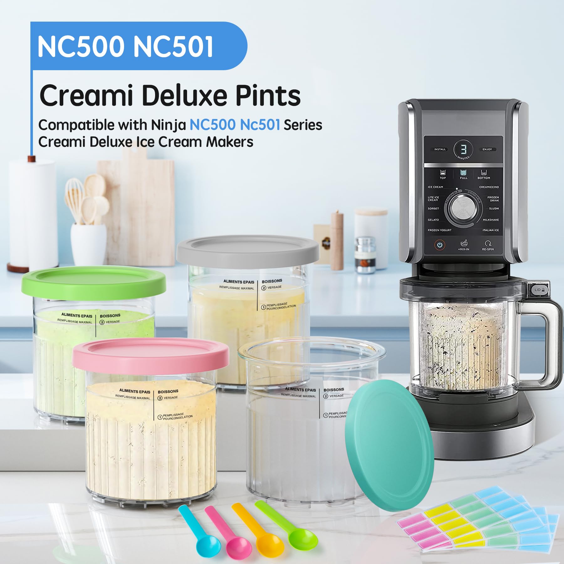 GuanQiao Creami Deluxe with four colored lids for quick flavor identification.
