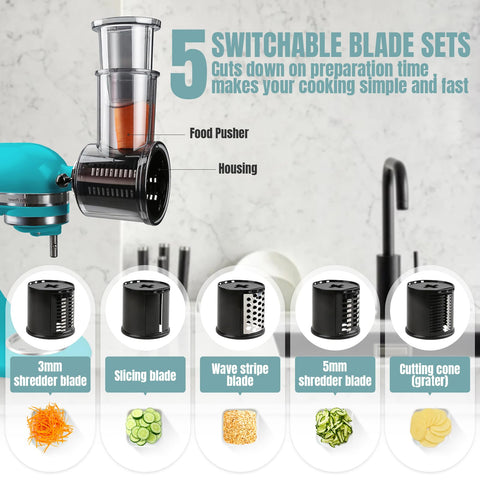 GuanQiao five-blade set for KitchenAid slicer enables precise chopping and shredding.