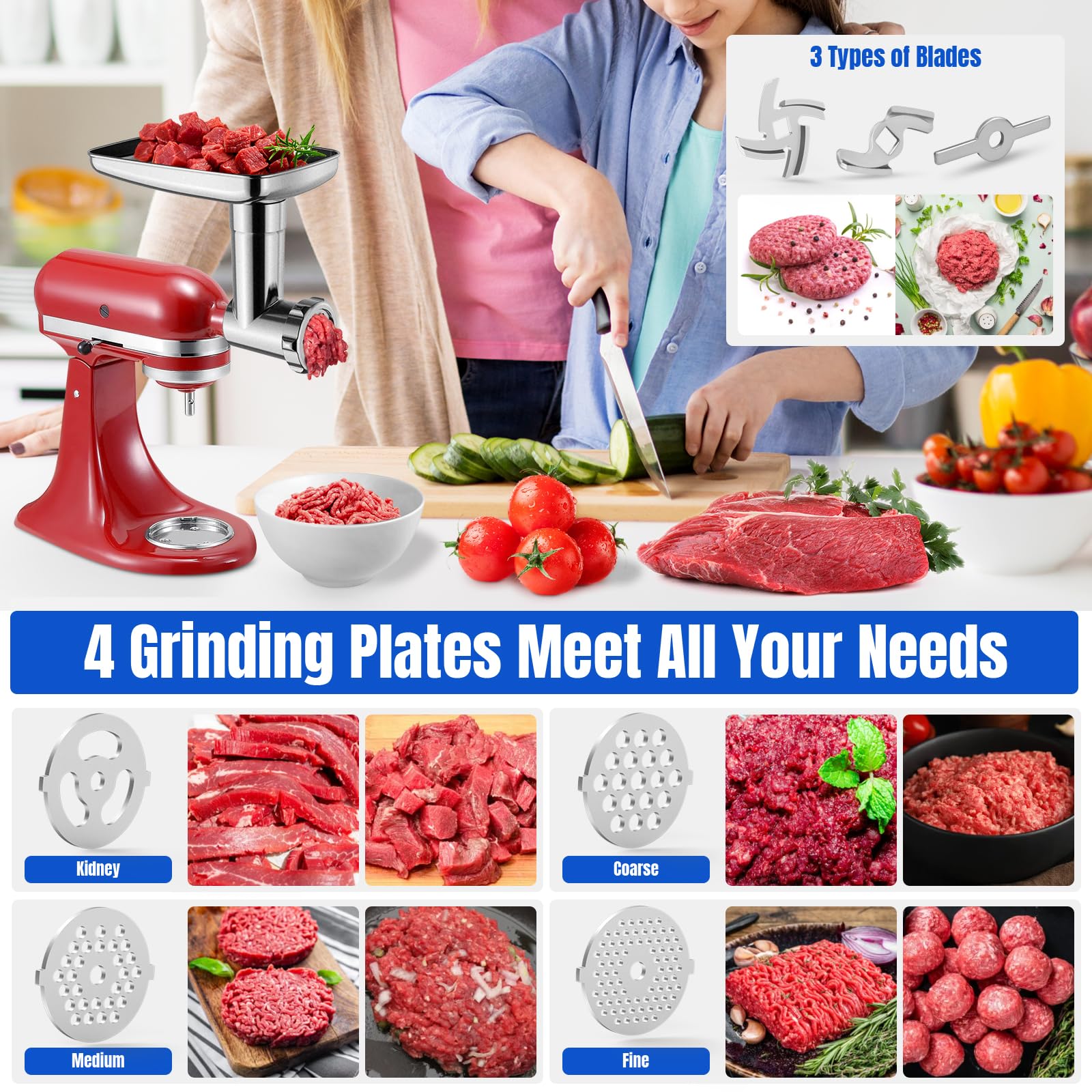 GuanQiao meat grinder attachments mount to KitchenAid for efficient batch grinding.