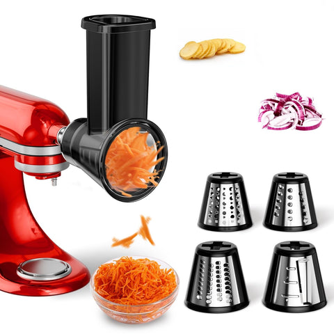 GuanQiao Slicer Shredder attachment on a KitchenAid mixer enables fast, uniform slicing.