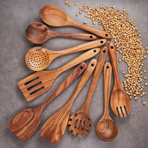 Gudamaye 9PCE teak utensils fried spatula for heat-safe flipping.