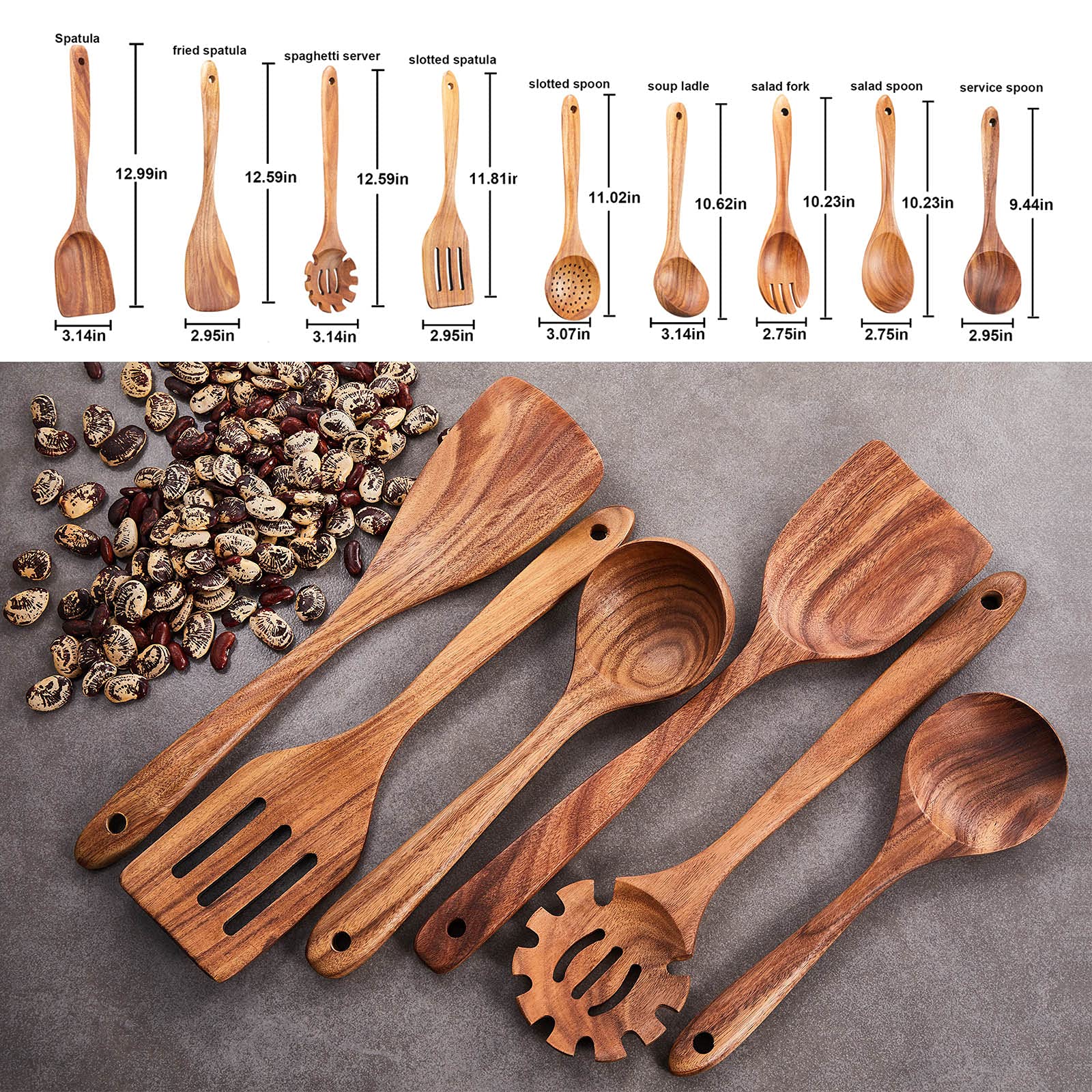 Gudamaye 9PCE teak utensils slotted spoon helps drain sauces.