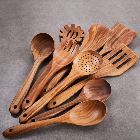 Gudamaye 9PCE teak utensils strainer spoon lifts vegetables easily.