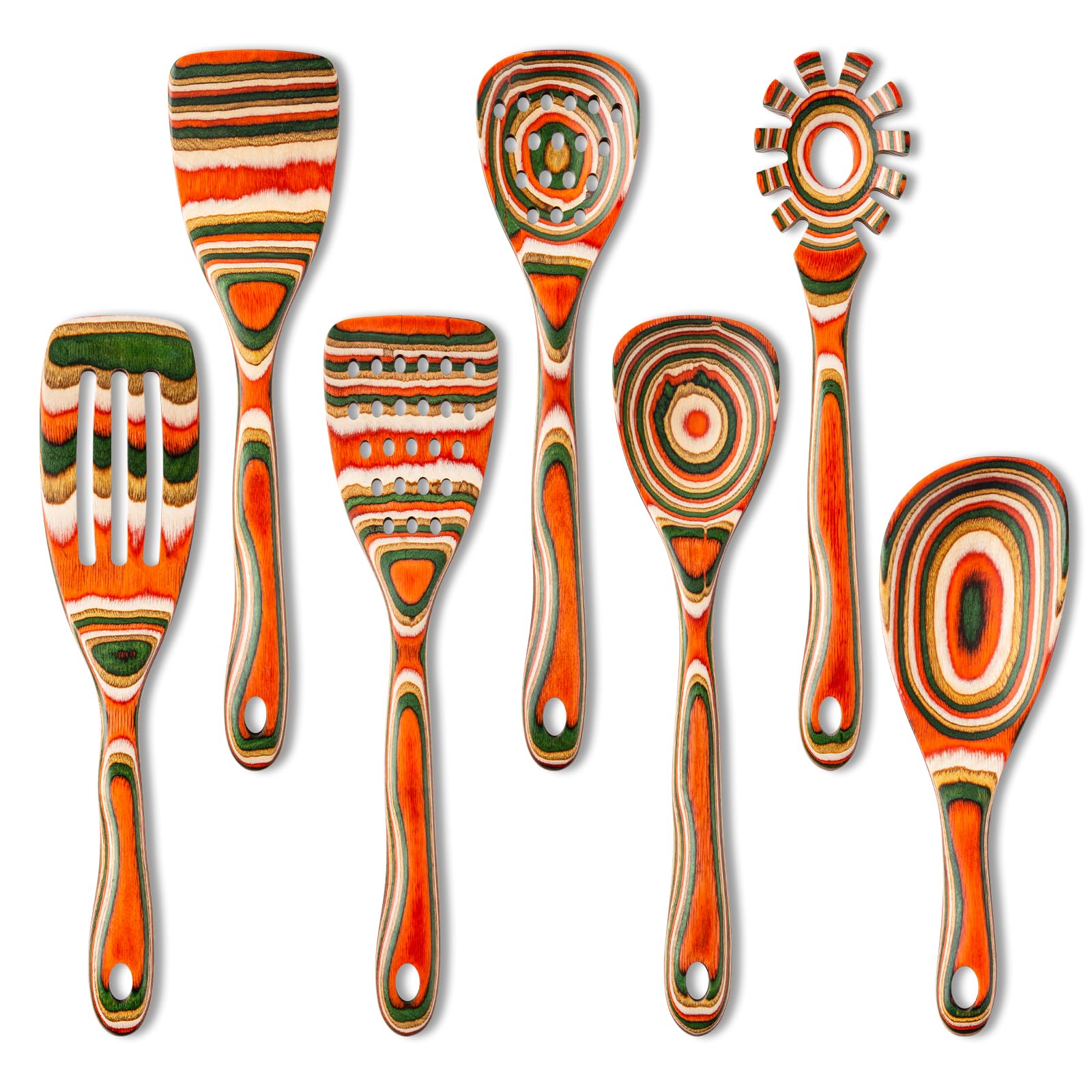 Gudamaye Pakkawood 7-Piece Red Utensil Set protects nonstick pans while serving.