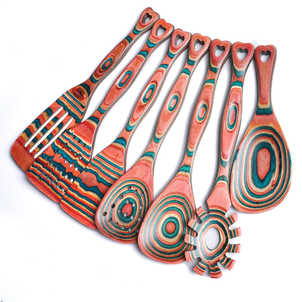Gudamaye Pakkawood 7-piece utensil set in pinkish-orange for durable kitchen use