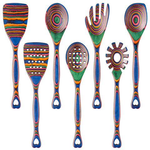 Gudamaye Pakkawood spoons set with layered wood tones, ideal for gentle nonstick cooking.