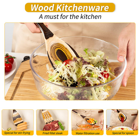 Gudamaye utensil set closeup shows natural layered wood texture.