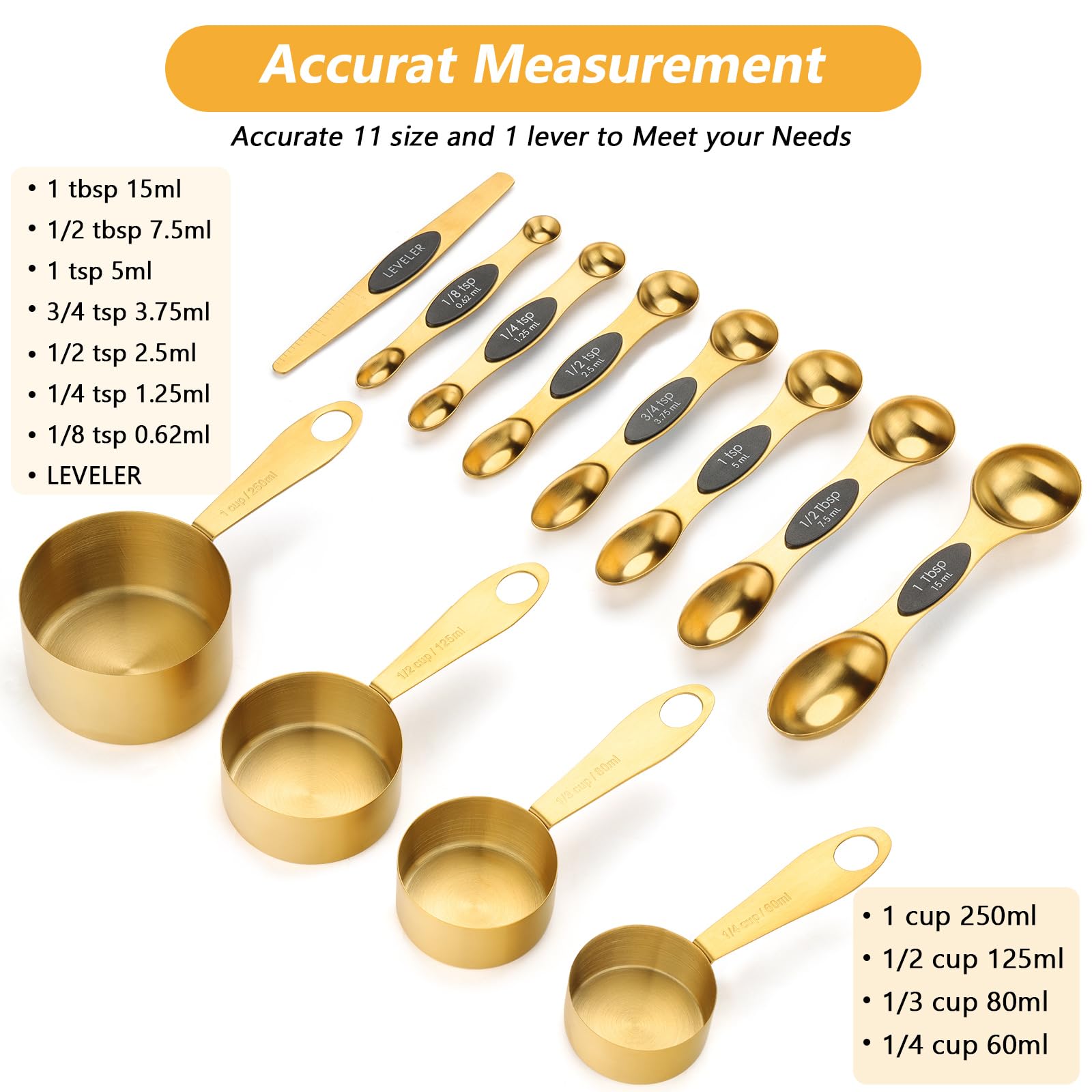 GuDoQi gold measuring cups collection showing four sizes for dry or liquid ingredients.