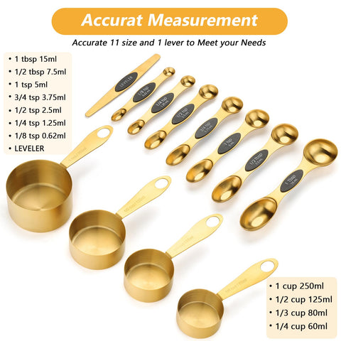 GuDoQi gold measuring cups collection showing four sizes for dry or liquid ingredients.