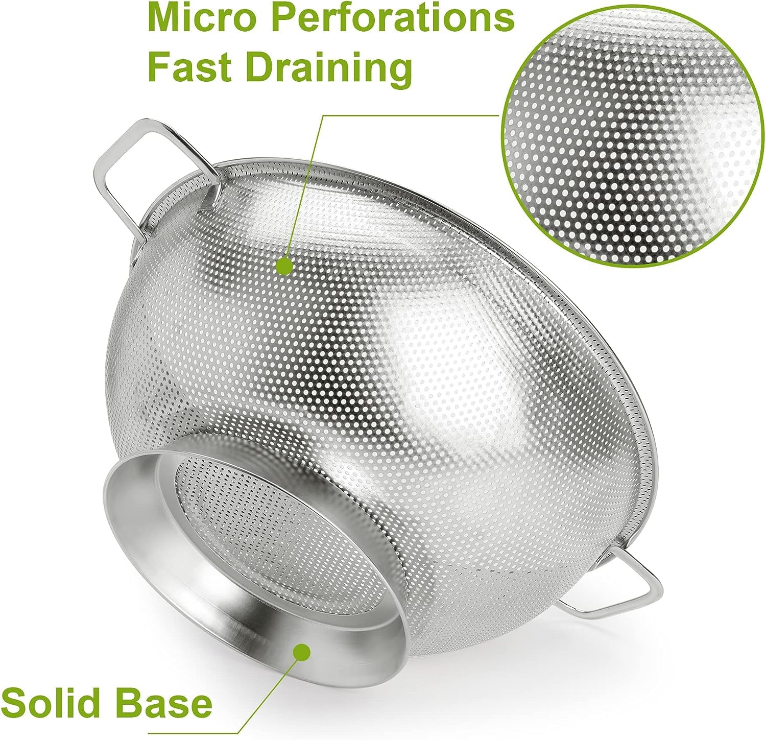 Gulex stainless steel colander close-up highlights durable mesh that will not warp.