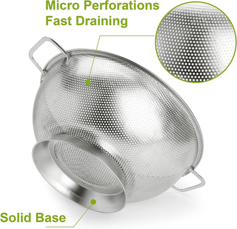 Gulex stainless steel colander close-up highlights durable mesh that will not warp.