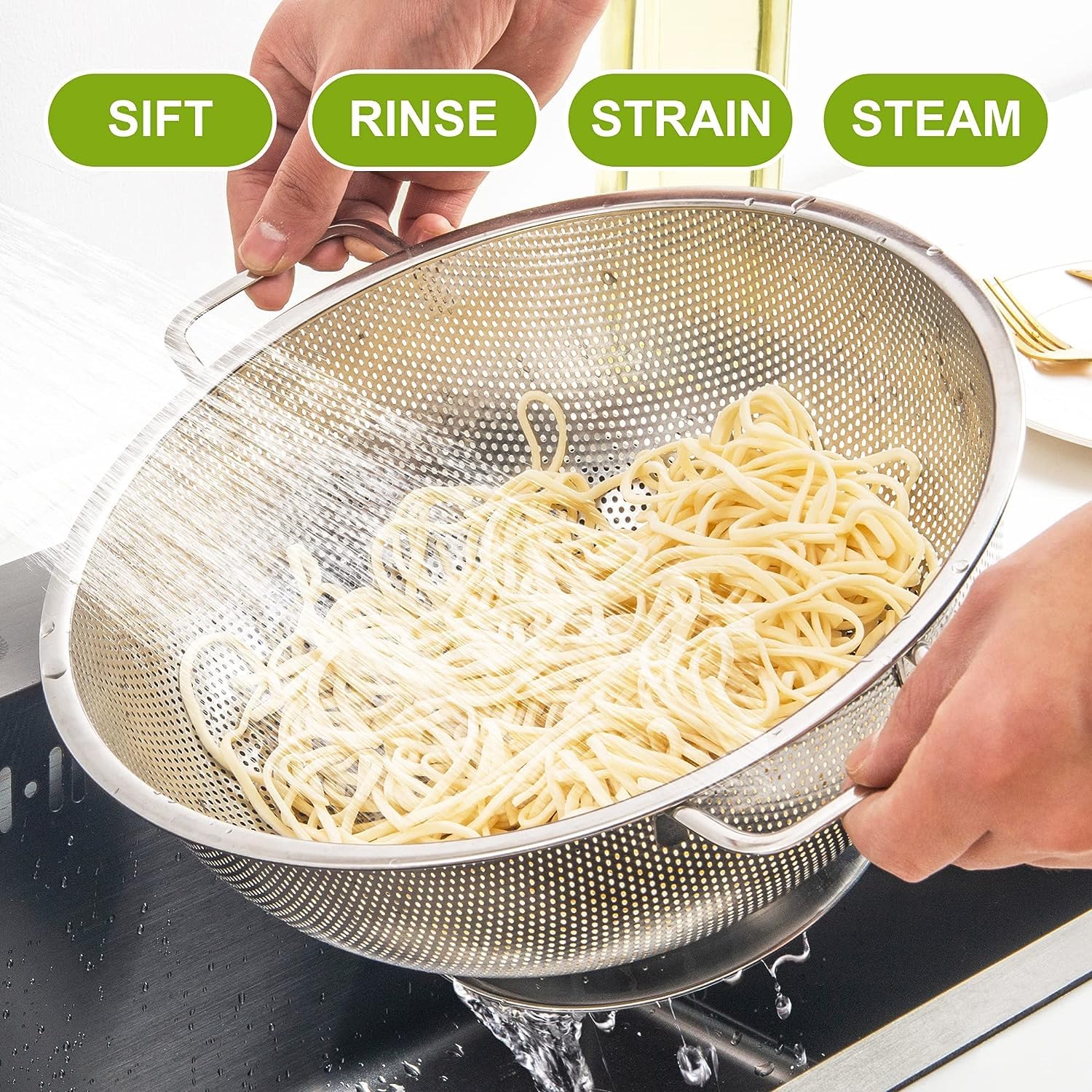Gulex colander with vegetables shows versatility beyond pasta.