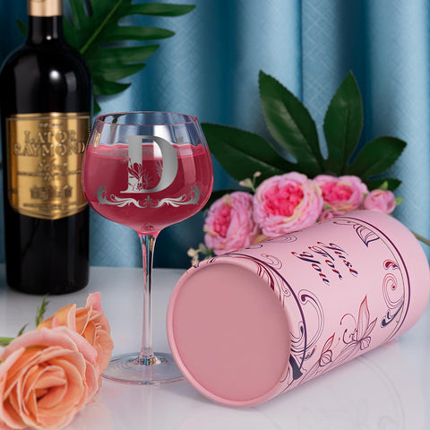Gumry personalized initial wine glass showcases a unique keepsake.