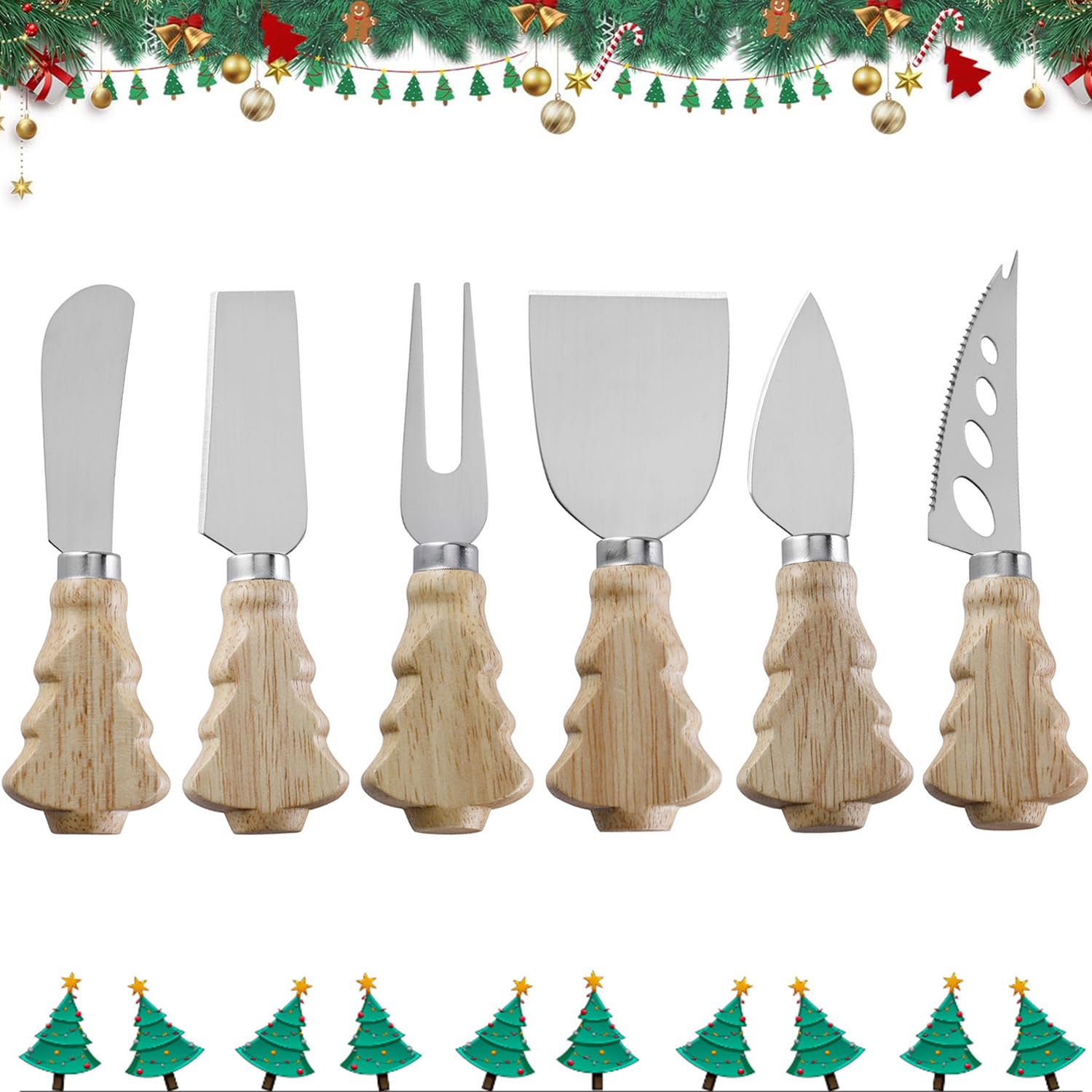 Guojanfon 6-piece cheese knives set with wood handles for festive entertaining.