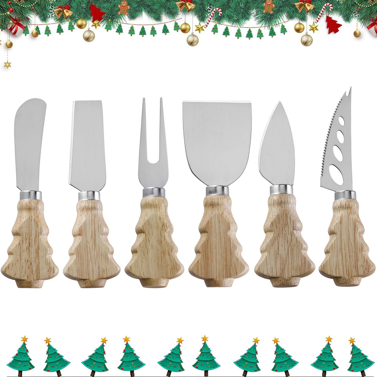 Guojanfon 6-piece cheese knives set with wood handles for festive entertaining.