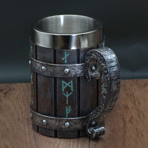 GuoShuang Norse runes on a rugged mug finish for heritage-inspired use.