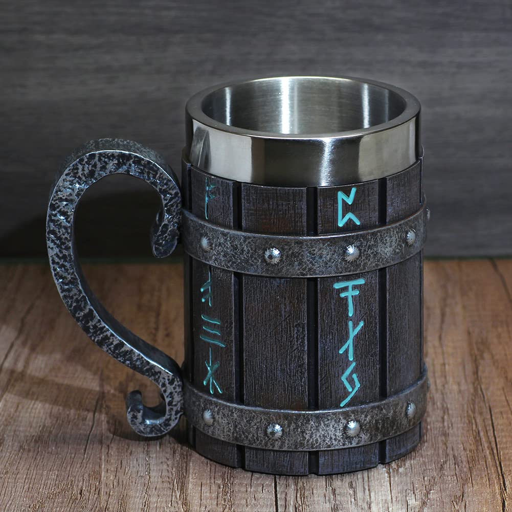 Rune-engraved beer cup with resin and steel, great for parties.