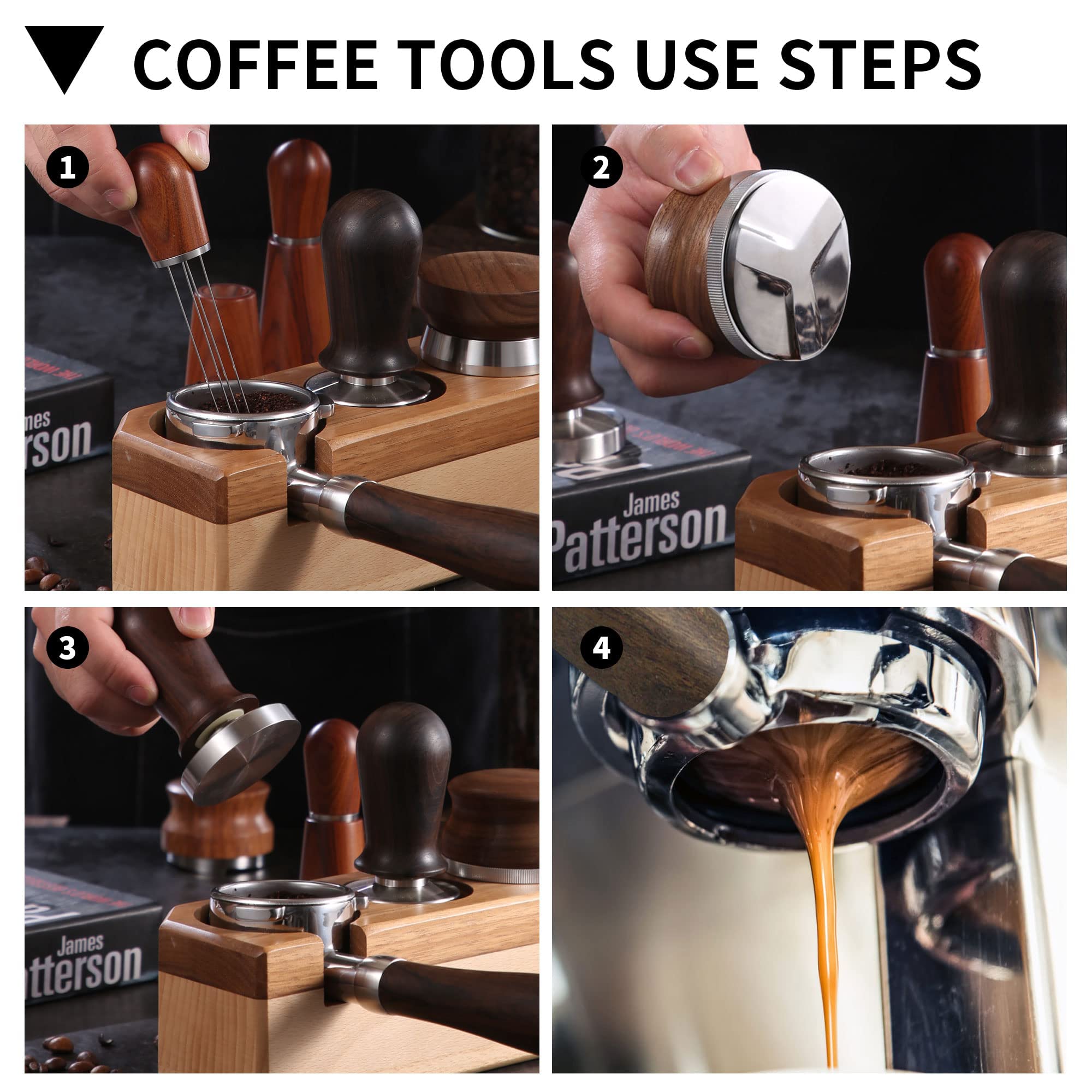 Ergonomic walnut handle provides steady grip during tamping