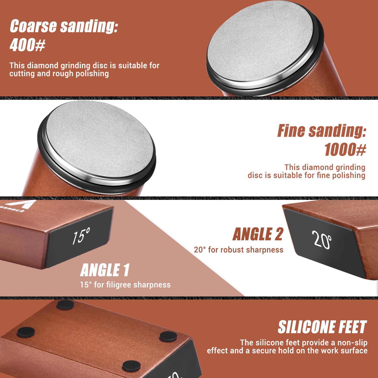 Gusneck sharpener set to 15-degree angle for sharp kitchen blades