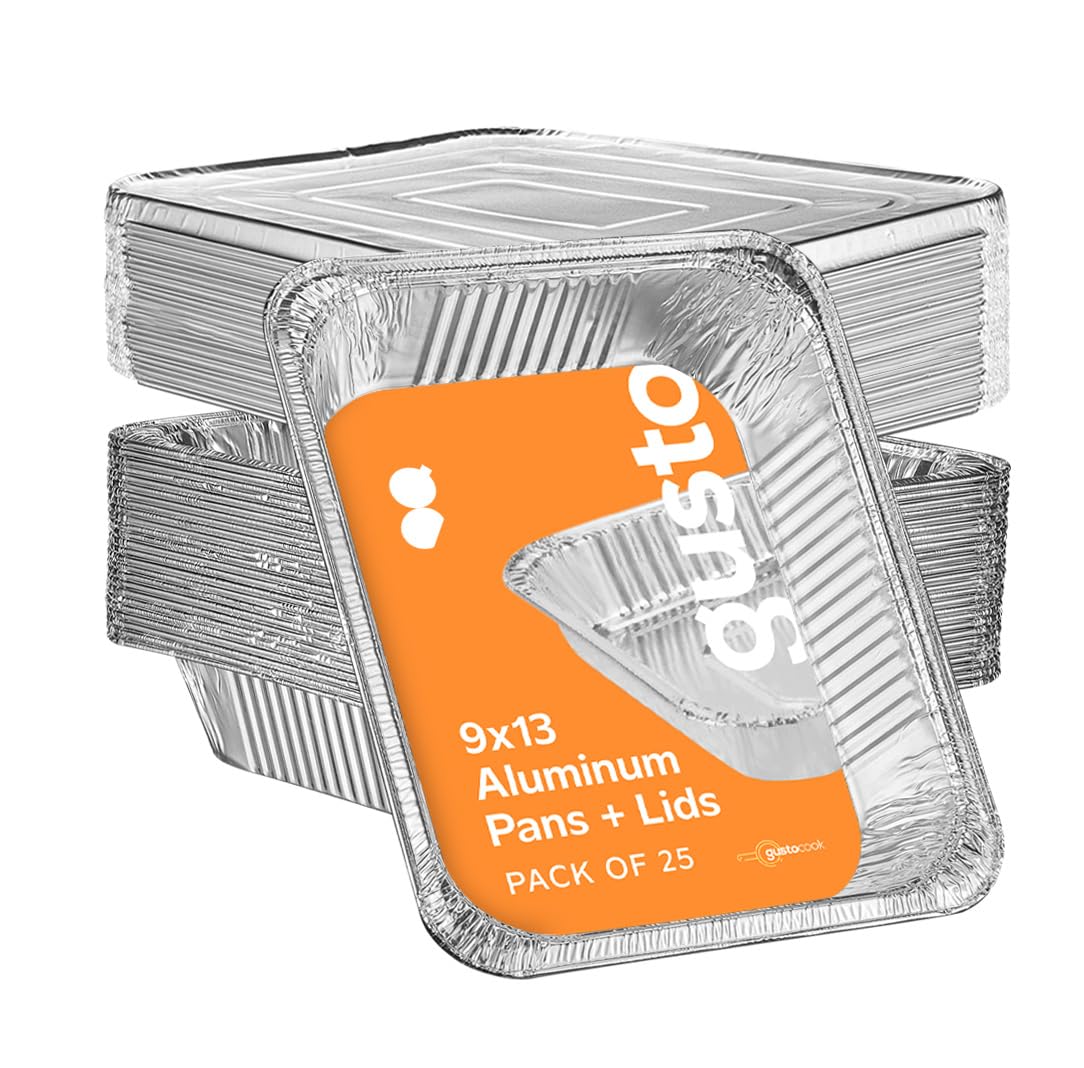 GUSTO 25-count aluminum pans with lids for bulk catering and meal prep.