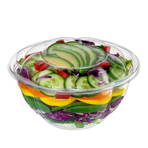 GUSTO 32oz clear salad bowls with lids show contents for easy takeout