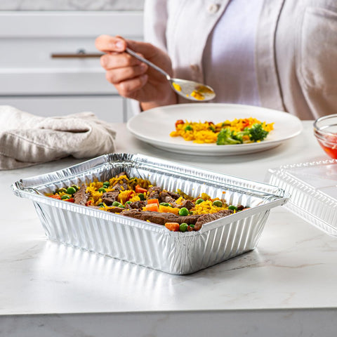GUSTO 50-count disposable foil pans for potlucks and meal prep.