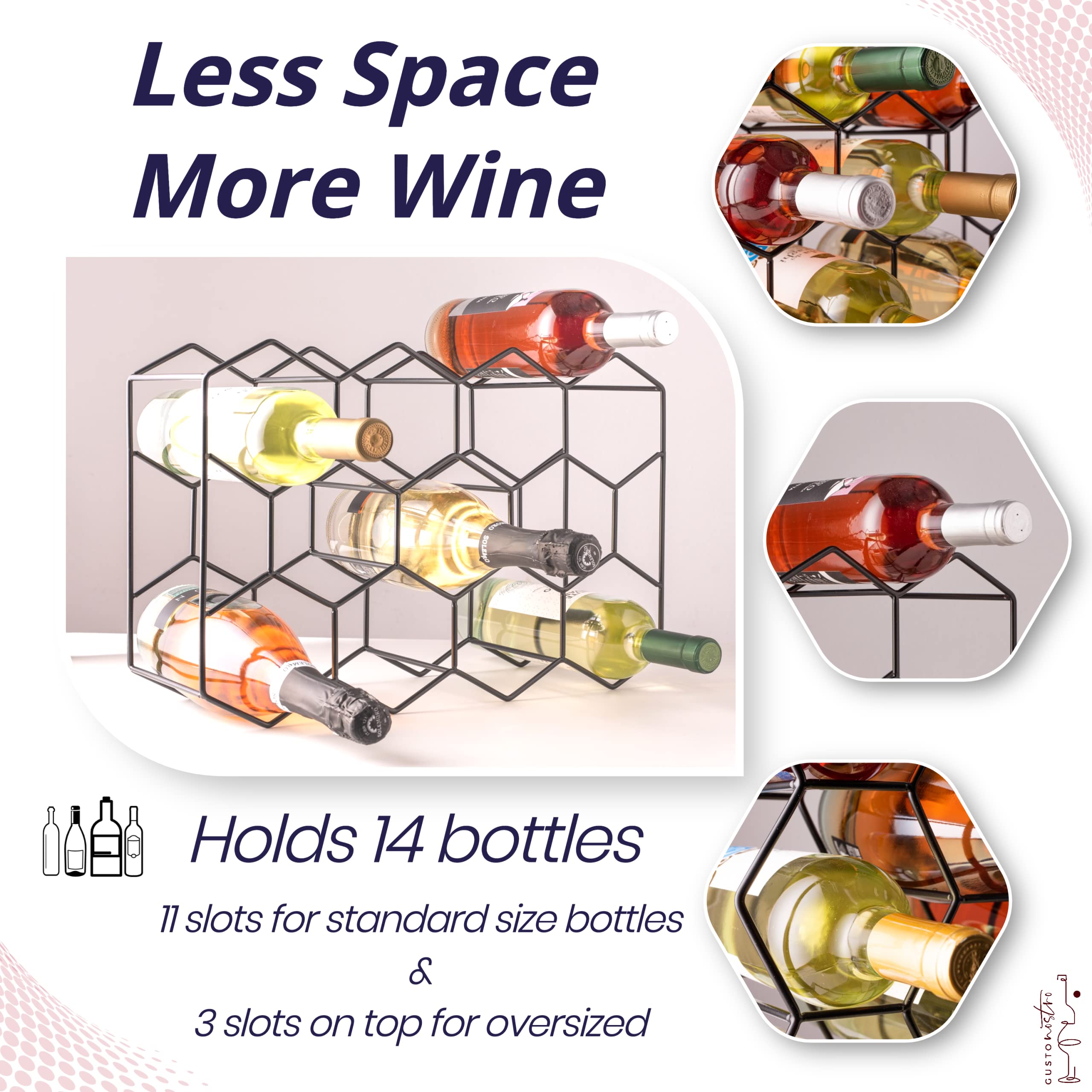 Gusto Nostro 14-bottle capacity rack maximizes countertop storage in a stylish black finish.