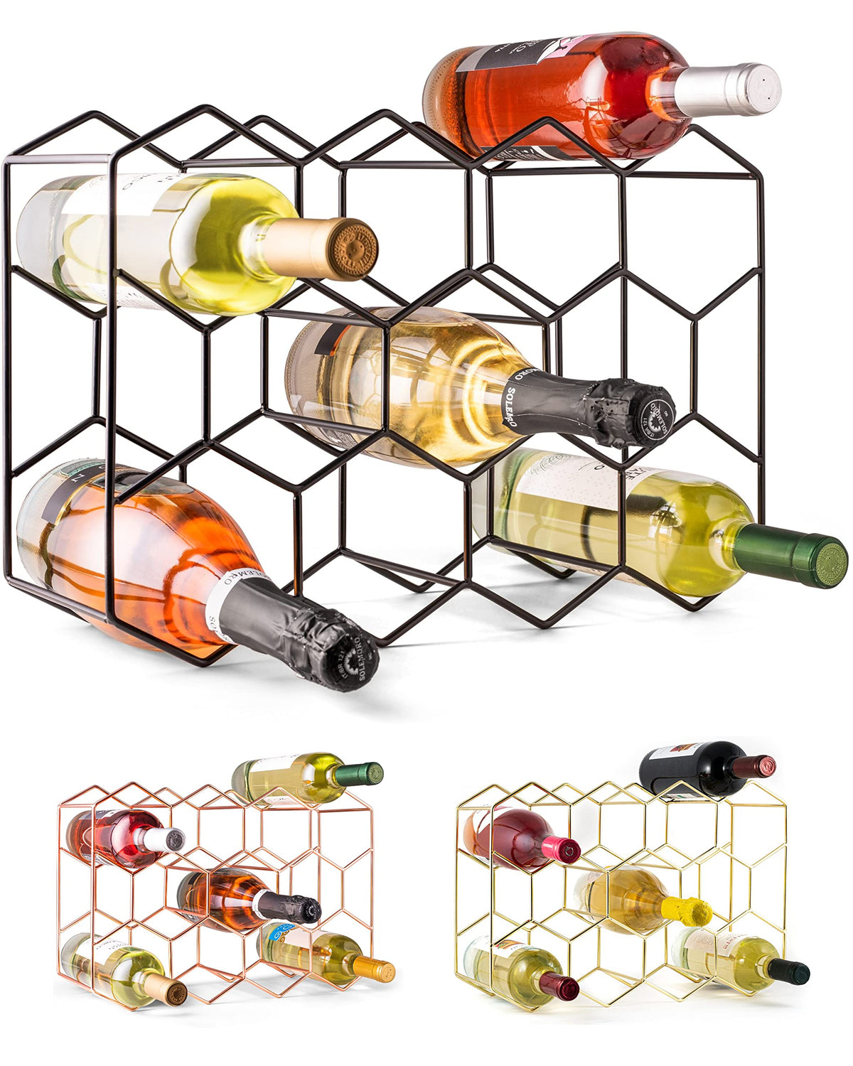 Gusto Nostro countertop wine rack front view with 14-bottle capacity on display.